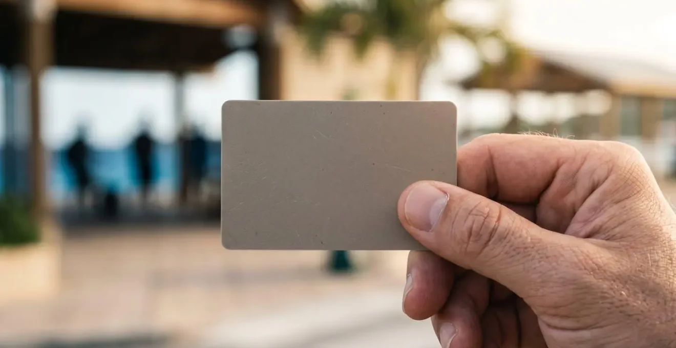 Gros plan sur une main tenant une carte de transport en commun sur fond de terminal maritime, ambiance matinale en Guadeloupe