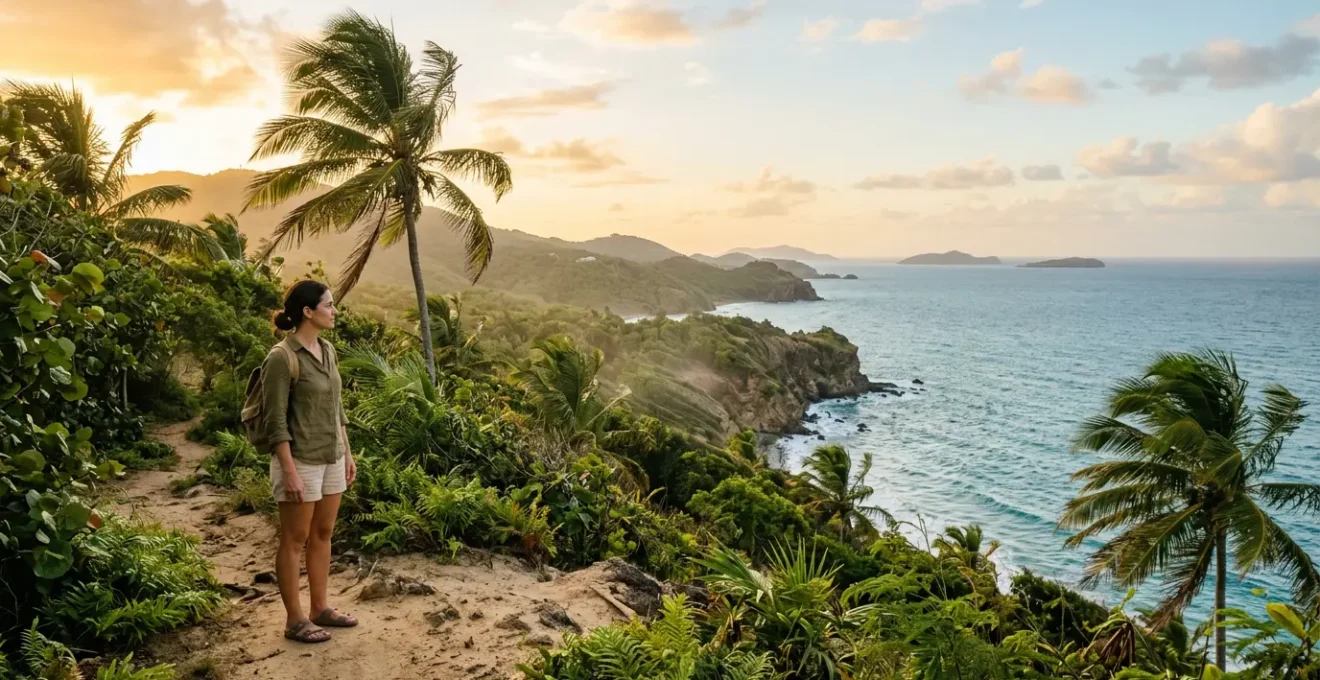 Voyageur s'adaptant au climat tropical humide dans un environnement caribéen naturel
