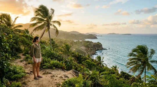 Voyageur s'adaptant au climat tropical humide dans un environnement caribéen naturel