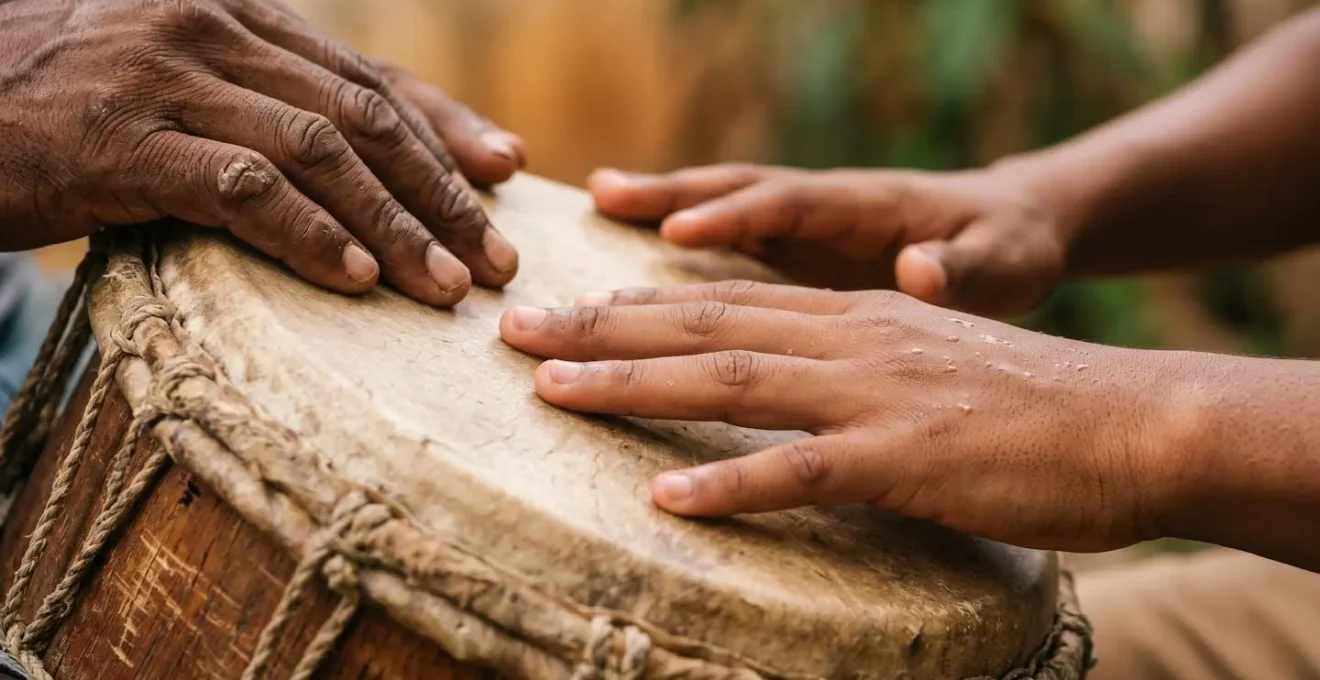 Adolescent concentré apprenant les rythmes traditionnels du Gwo Ka sur un tambour artisanal lors d'un atelier culturel en Guadeloupe