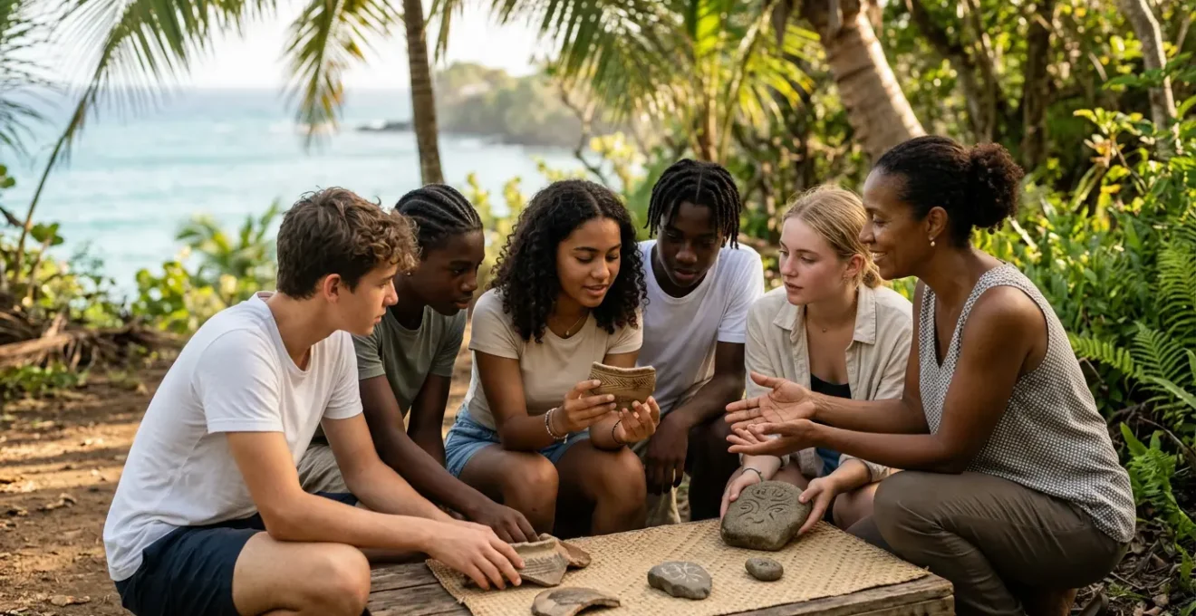 Adolescents découvrant l'histoire fascinante des Arawaks et de l'esclavage colonial en Guadeloupe à travers une expérience culturelle immersive et interactive