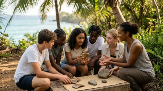 Adolescents découvrant l'histoire fascinante des Arawaks et de l'esclavage colonial en Guadeloupe à travers une expérience culturelle immersive et interactive