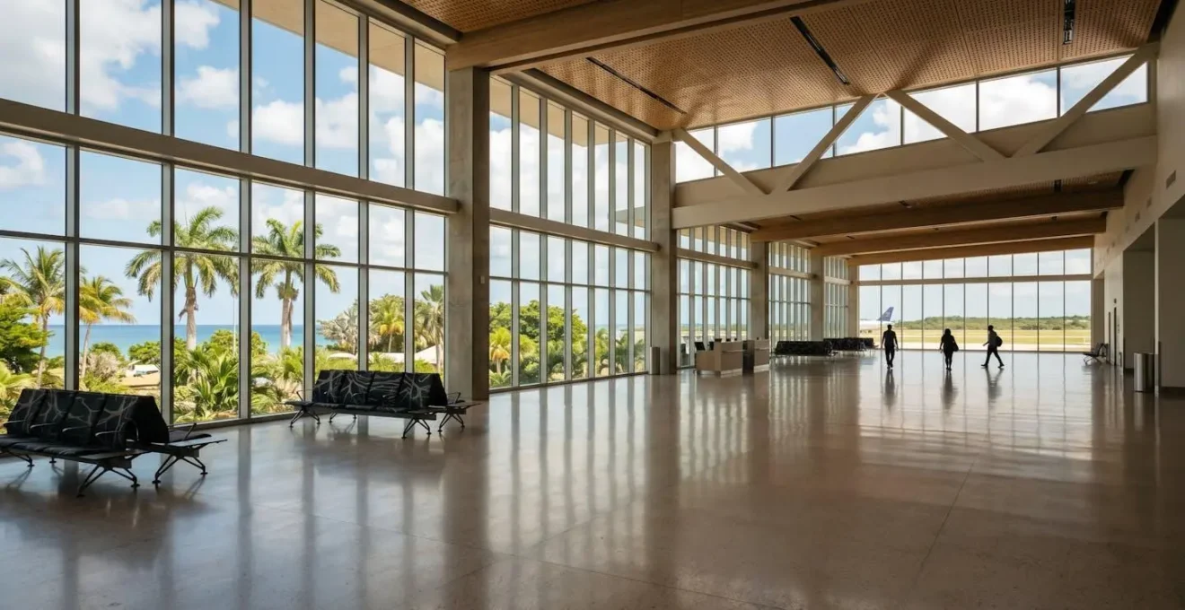 Vue d'un terminal d'aéroport international dans les Caraïbes avec zone de transit