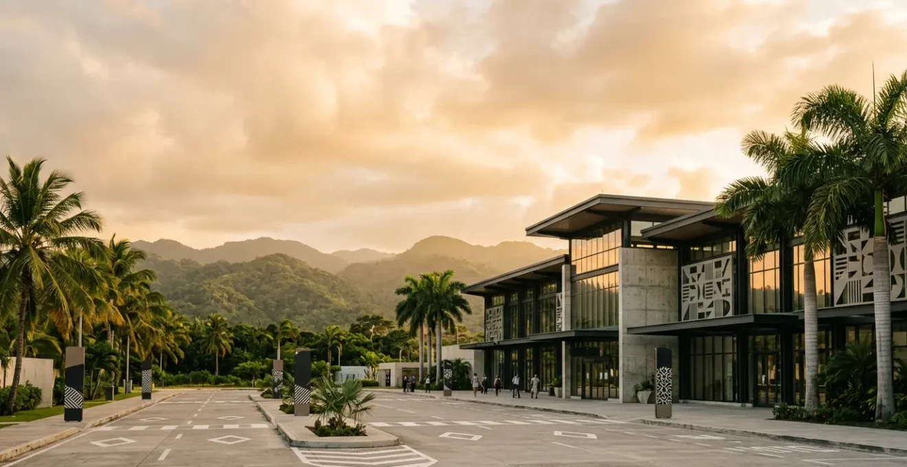 Zone de dépose des taxis devant le terminal de l'aéroport Pôle Caraïbes en Guadeloupe