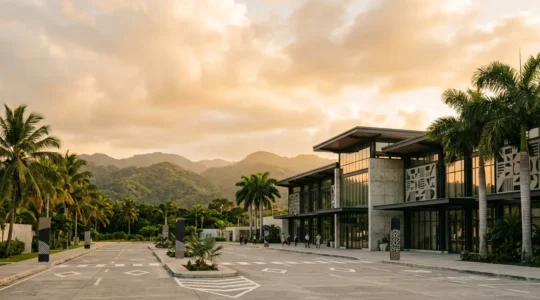 Zone de dépose des taxis devant le terminal de l'aéroport Pôle Caraïbes en Guadeloupe