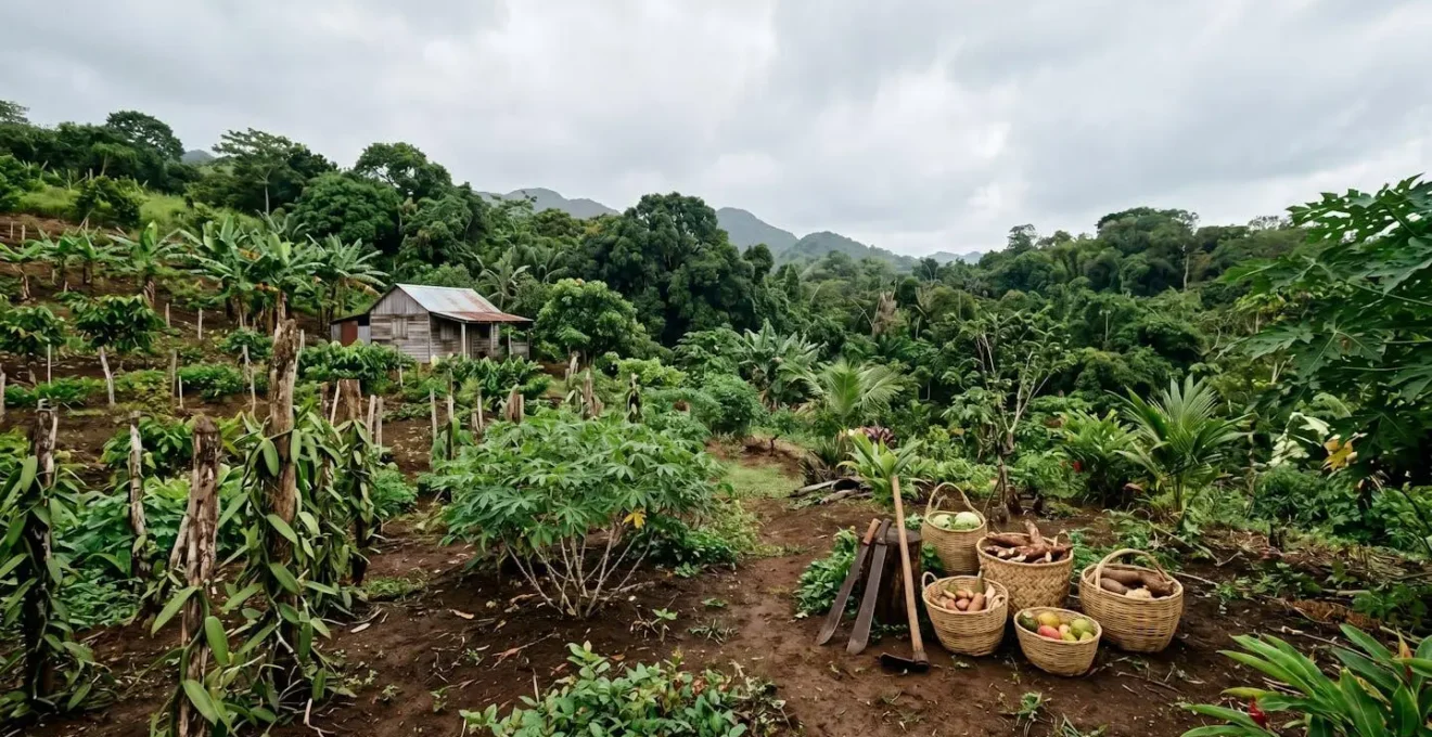 Scène agricole guadeloupéenne traditionnelle montrant la préservation des savoir-faire ancestraux dans une exploitation créole