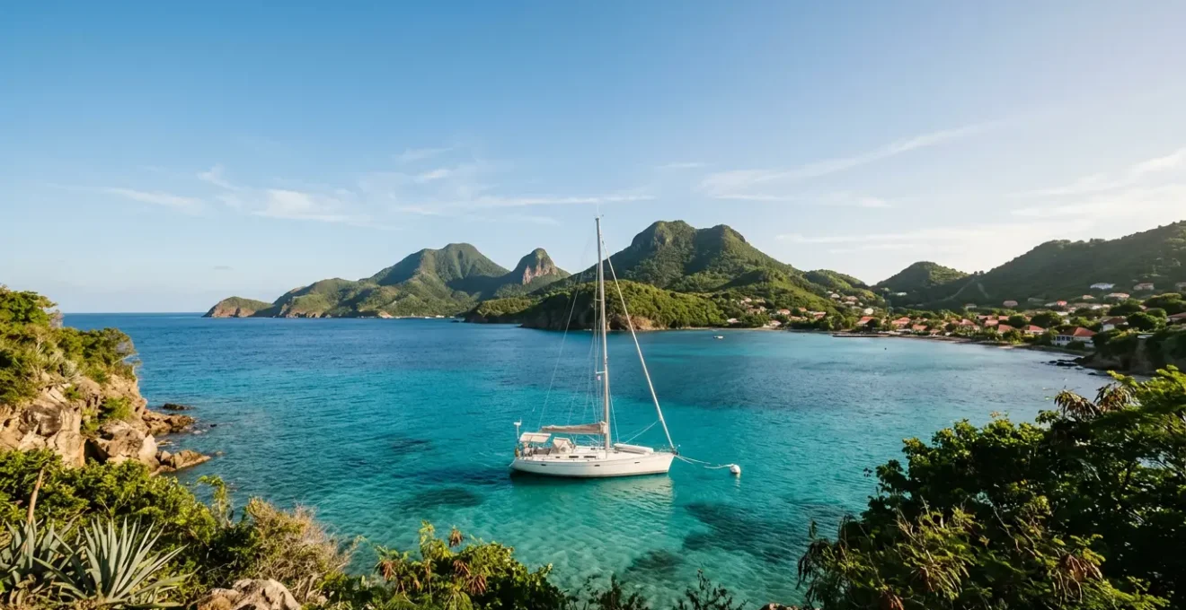 Voilier amarré sur bouée dans la baie cristalline des Saintes avec vue sur les îlets caribéens