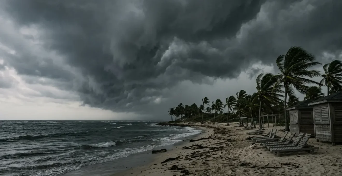 Ciel sombre et nuages menaçants au-dessus d'une plage des Antilles avant l'arrivée d'un cyclone