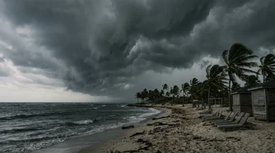 Ciel sombre et nuages menaçants au-dessus d'une plage des Antilles avant l'arrivée d'un cyclone