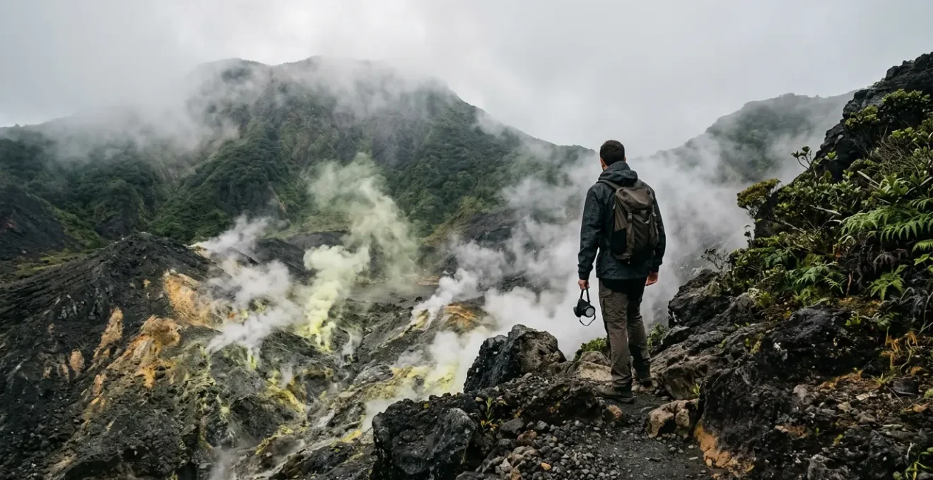 Randonneur équipé d'un masque à cartouche ABEK1 face aux fumerolles du cratère volcanique actif en Guadeloupe