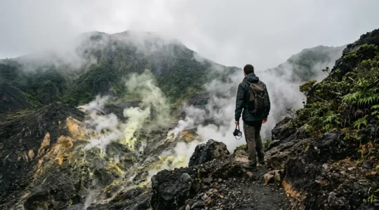 Randonneur équipé d'un masque à cartouche ABEK1 face aux fumerolles du cratère volcanique actif en Guadeloupe