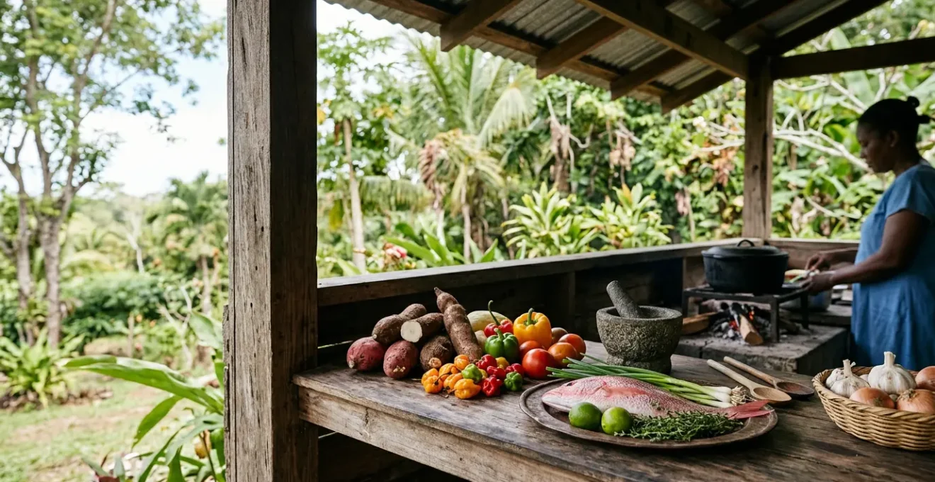 Scène de cuisine créole authentique aux Antilles avec produits locaux frais