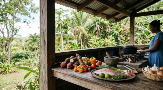 Scène de cuisine créole authentique aux Antilles avec produits locaux frais