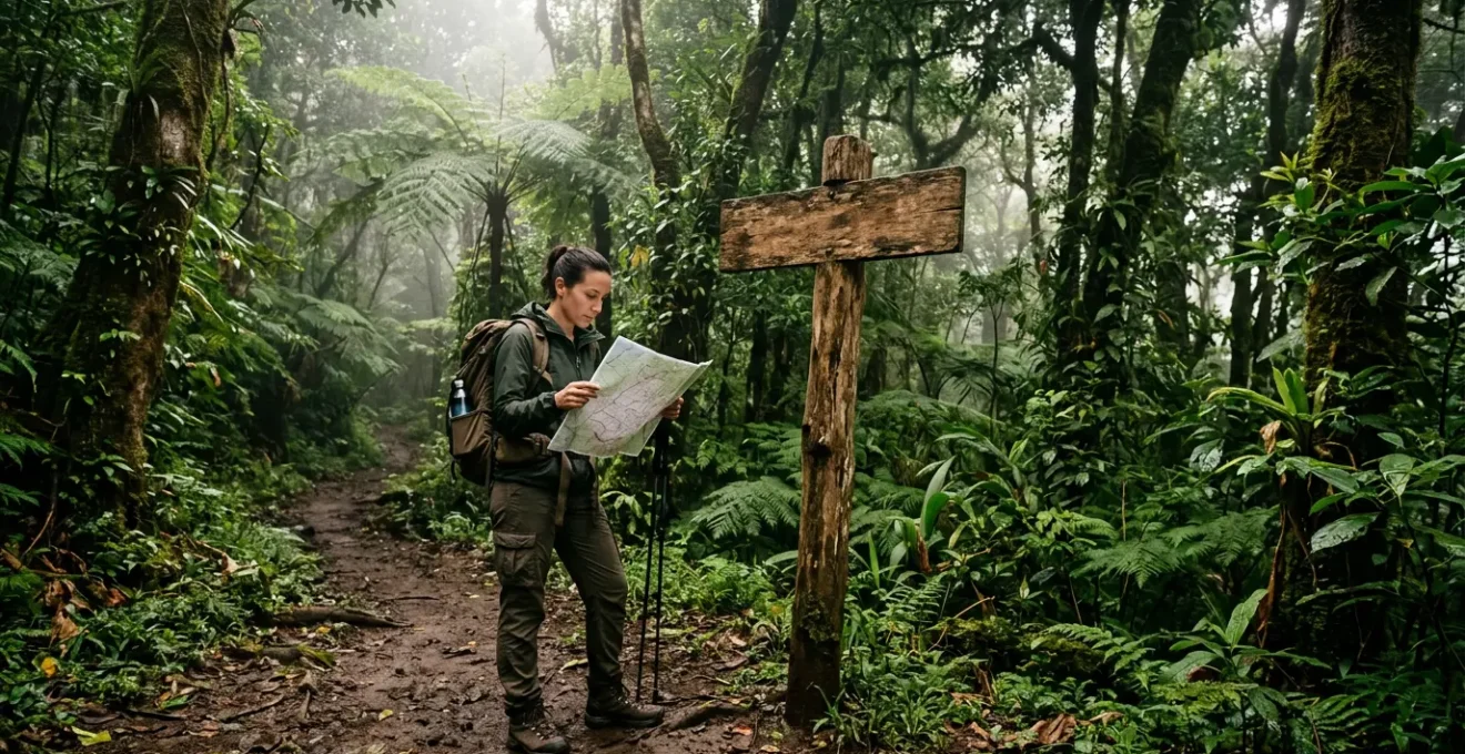 Randonneur consultant une carte topographique au cœur d'une forêt tropicale luxuriante, préparant une demande d'autorisation de bivouac