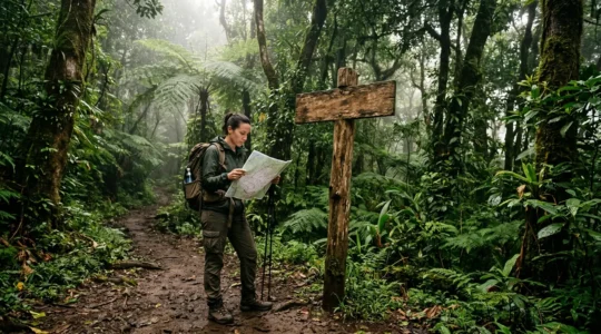 Randonneur consultant une carte topographique au cœur d'une forêt tropicale luxuriante, préparant une demande d'autorisation de bivouac