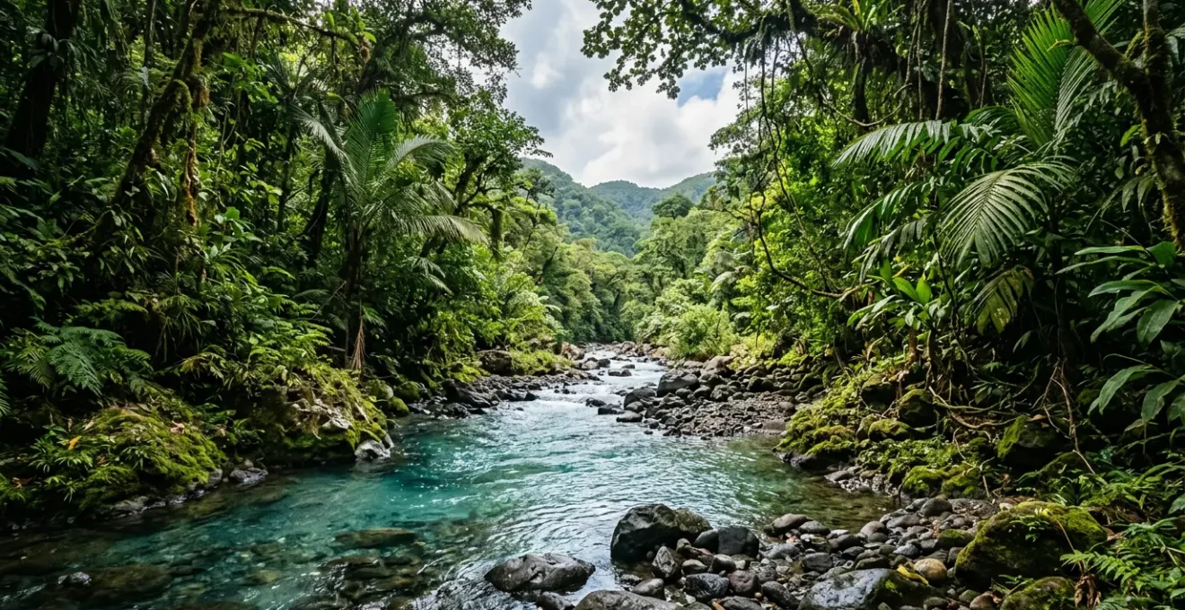Rivière tropicale cristalline aux Antilles avec végétation luxuriante et roches volcaniques