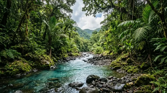 Rivière tropicale cristalline aux Antilles avec végétation luxuriante et roches volcaniques