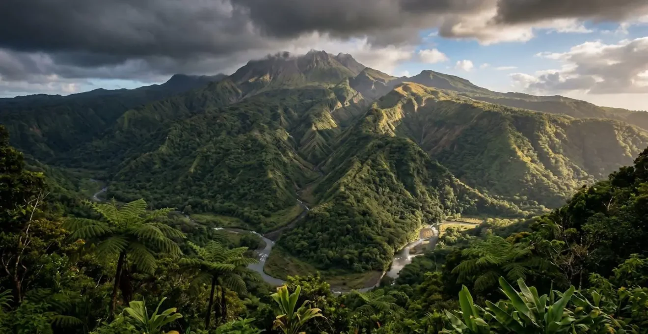 Vue panoramique d'un relief montagneux tropical avec système de ravines et ciel menaçant