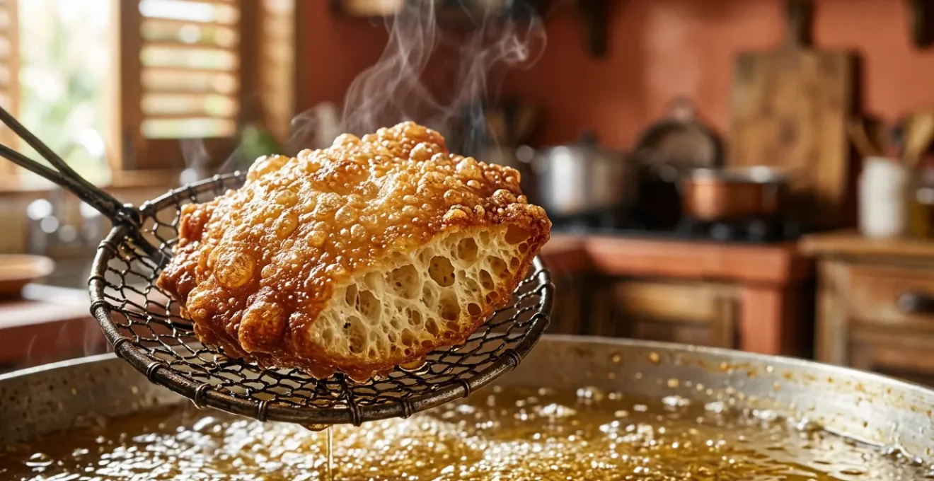Beignet antillais fraîchement frit avec croûte dorée et vapeur s'échappant