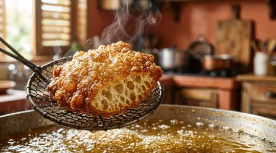 Beignet antillais fraîchement frit avec croûte dorée et vapeur s'échappant
