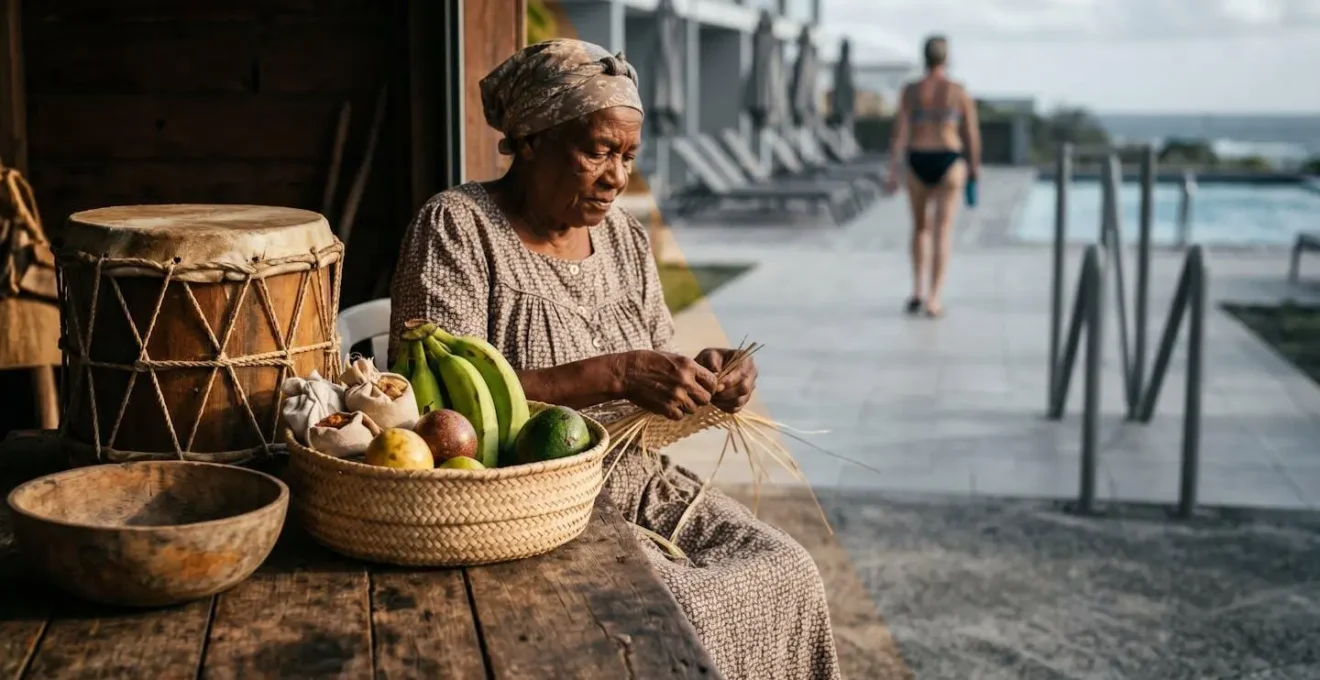 Contraste visuel entre l'authenticité culturelle guadeloupéenne et les attentes touristiques formatées