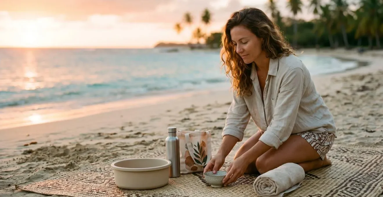 Installation minimaliste pour bivouac de jour sur plage tropicale au coucher du soleil avec équipements écoresponsables
