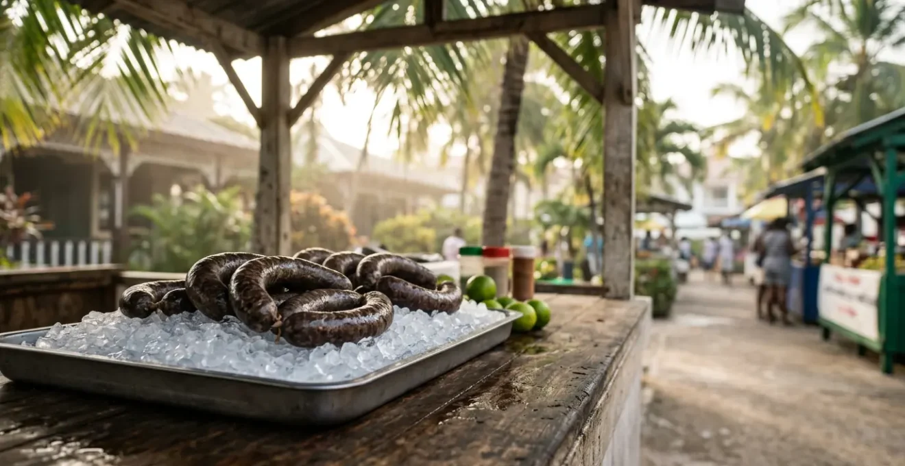 Préparation artisanale du boudin noir antillais sur glace pilée dans un contexte tropical