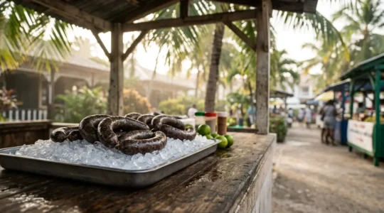 Préparation artisanale du boudin noir antillais sur glace pilée dans un contexte tropical