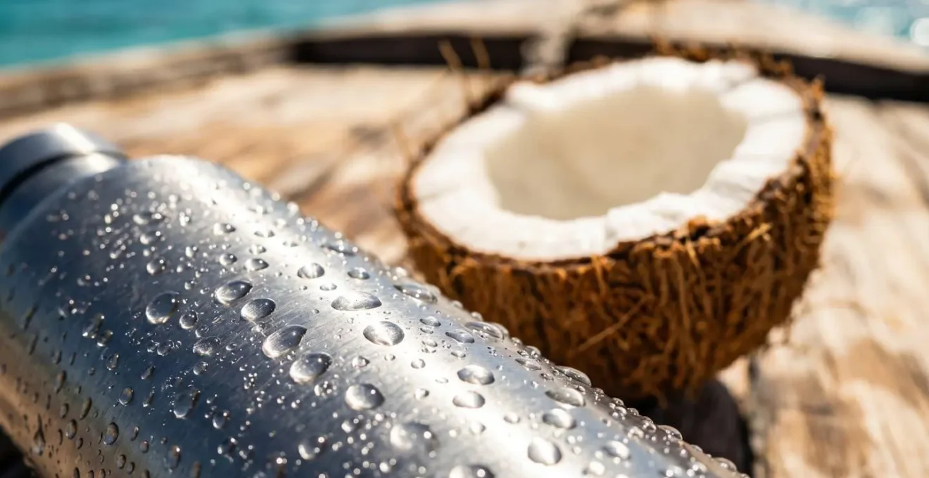 Gourde d'hydratation et noix de coco fraîche sur un bateau de plongée aux Antilles sous le soleil tropical