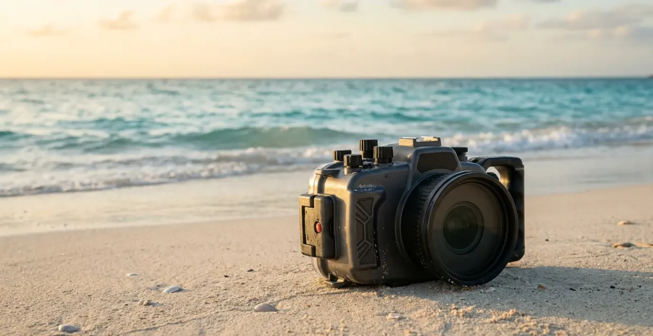 Caisson de protection étanche professionnel pour appareil photo posé sur sable blanc avec eau turquoise en arrière-plan