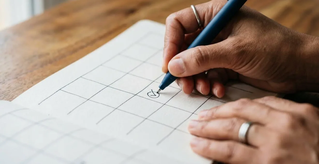 Gros plan sur des mains annotant un calendrier pour planifier un voyage, ambiance organisationnelle chaleureuse