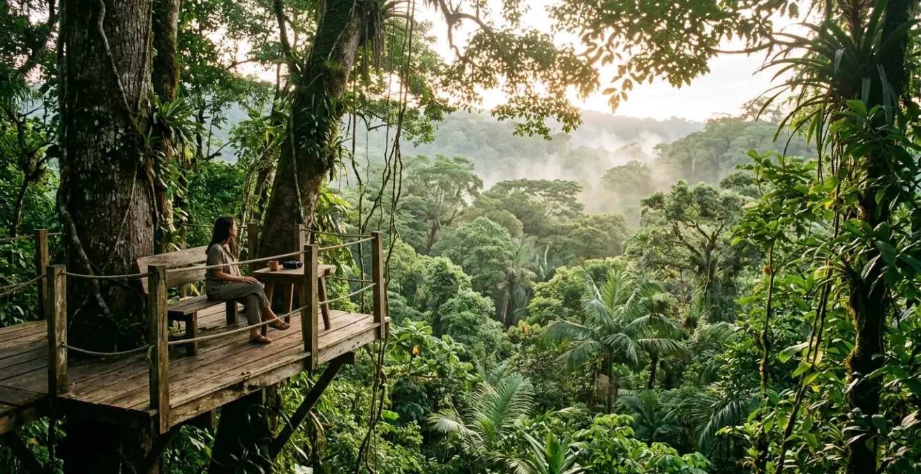 Vue panoramique depuis une plateforme suspendue dans la canopée d'une forêt tropicale luxuriante en Guadeloupe