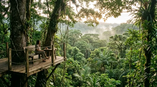 Vue panoramique depuis une plateforme suspendue dans la canopée d'une forêt tropicale luxuriante en Guadeloupe