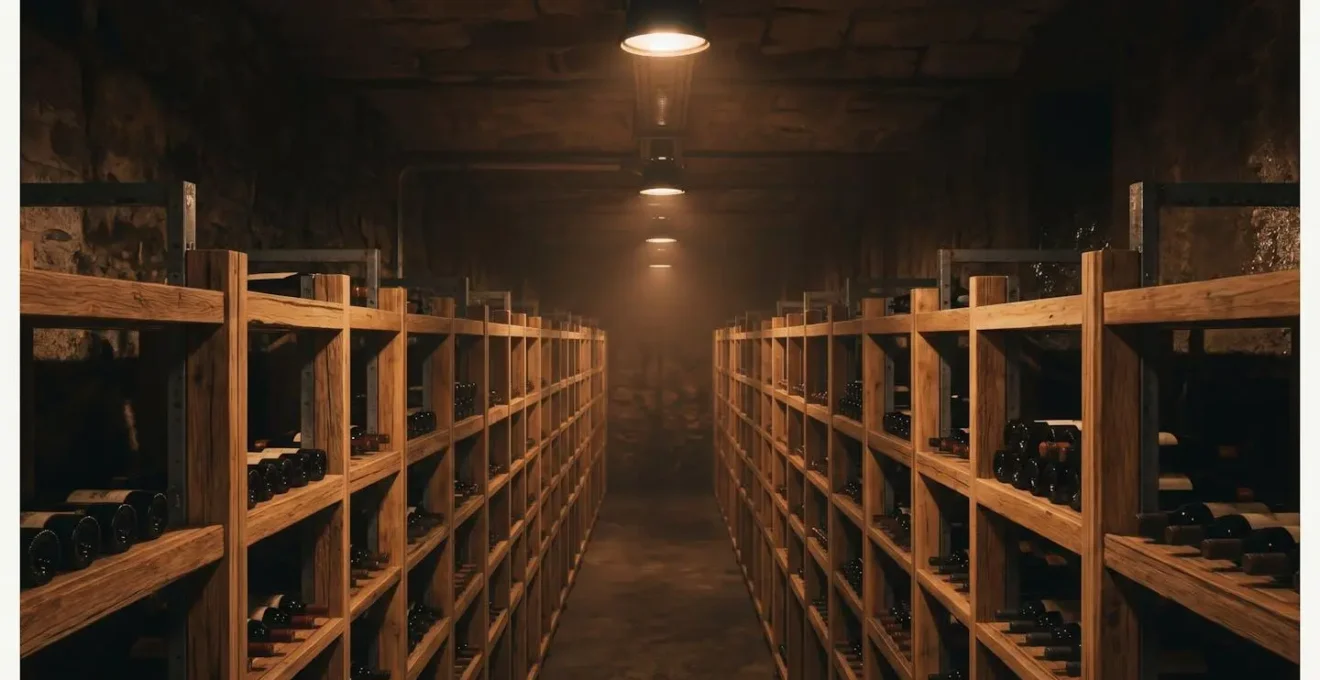 Vue d'ensemble minimaliste d'un espace de stockage professionnel pour spiritueux avec ambiance tamisee et rangements en bois