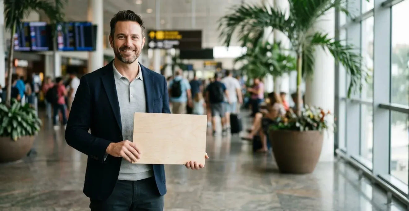 Chauffeur professionnel tenant une pancarte d'accueil dans une zone d'arrivée d'aéroport tropical