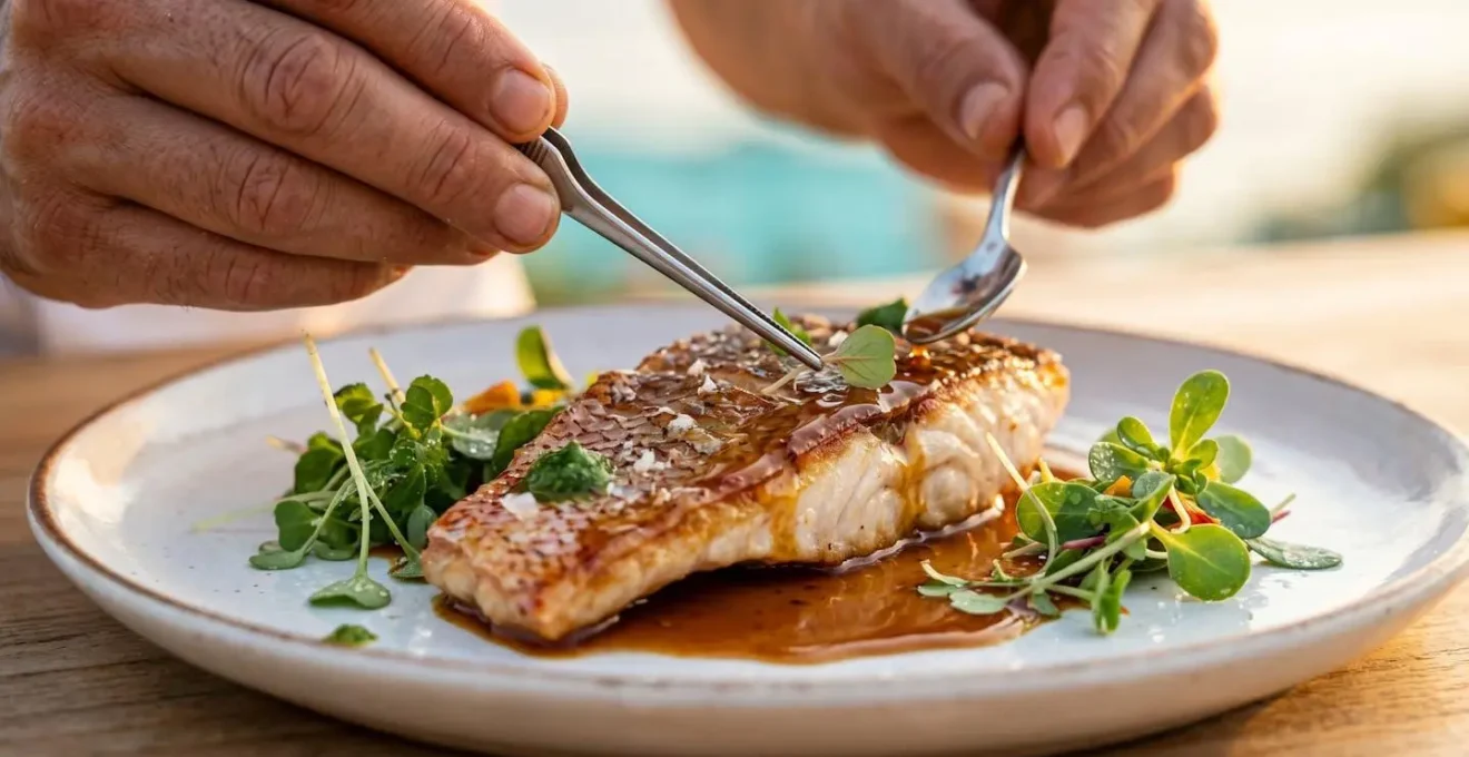 Chef privé préparant un plat gastronomique créole fusion sur une terrasse de villa avec vue mer en Guadeloupe