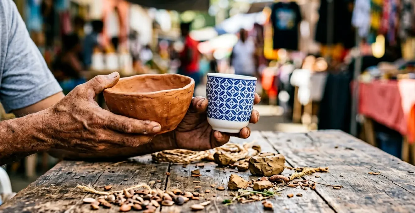 Scène de marché artisanal caribéen mettant en contraste l'authenticité et la contrefaçon