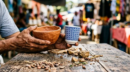 Scène de marché artisanal caribéen mettant en contraste l'authenticité et la contrefaçon