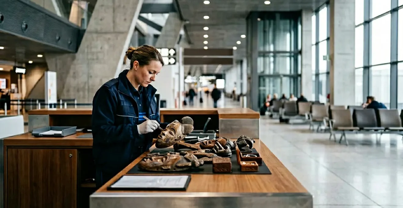 Scène d'inspection douanière d'objets artisanaux traditionnels à l'aéroport en France
