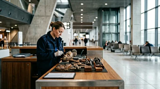 Scène d'inspection douanière d'objets artisanaux traditionnels à l'aéroport en France