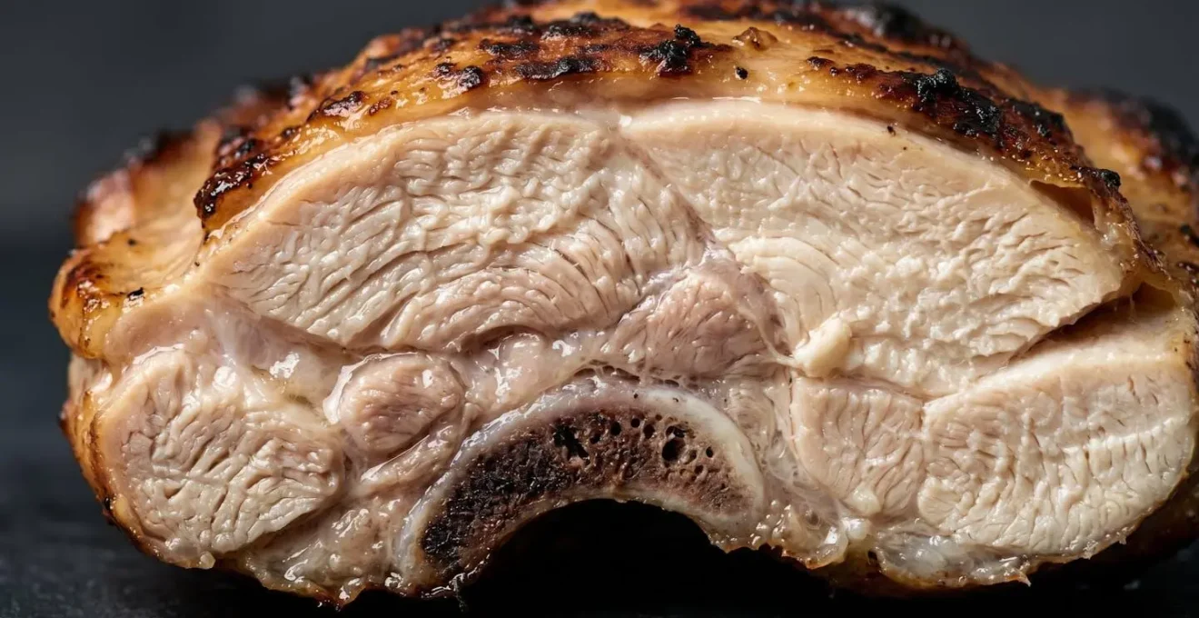 Gros plan macro sur une coupe de cuisse de poulet grillée montrant la texture de la chair cuite à cœur