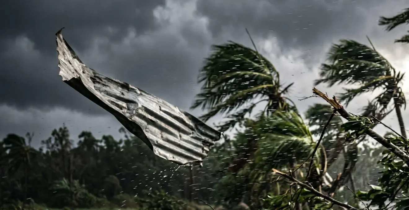 Débris et objets volants durant un cyclone aux Antilles illustrant les dangers invisibles