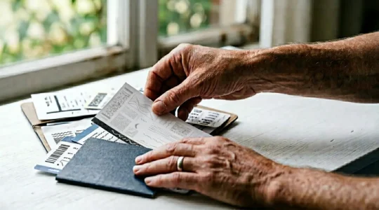 Parent préparant documents de voyage pour enfant mineur lors d'un contrôle aéroportuaire