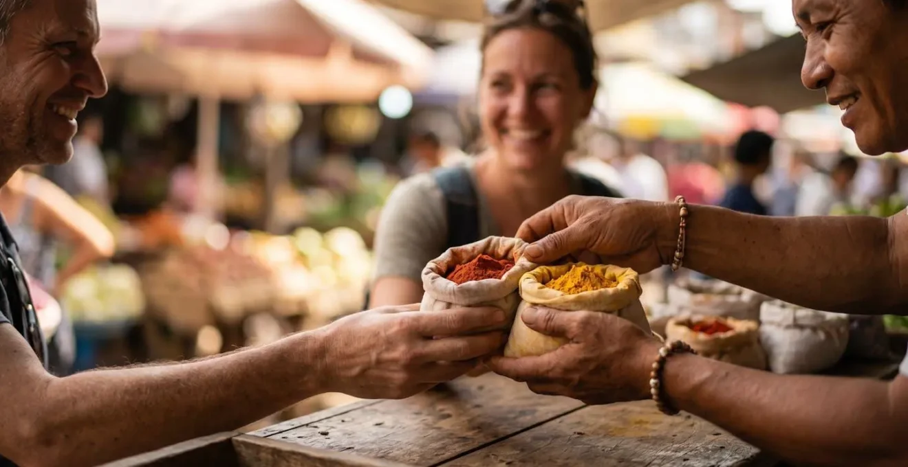 Interaction chaleureuse entre voyageur et marchande locale avec sourire authentique sur un marché créole