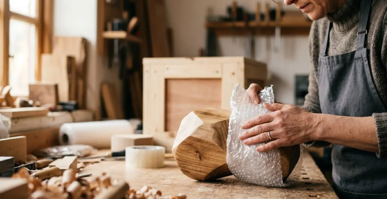 Préparation professionnelle d'une sculpture en bois pour expédition maritime vers la France