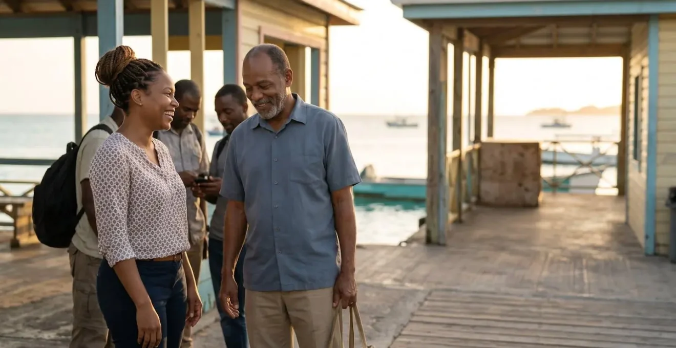 Scène matinale à un terminal maritime guadeloupéen avec des navetteurs attendant le bateau-bus, ambiance lumière dorée du lever du soleil