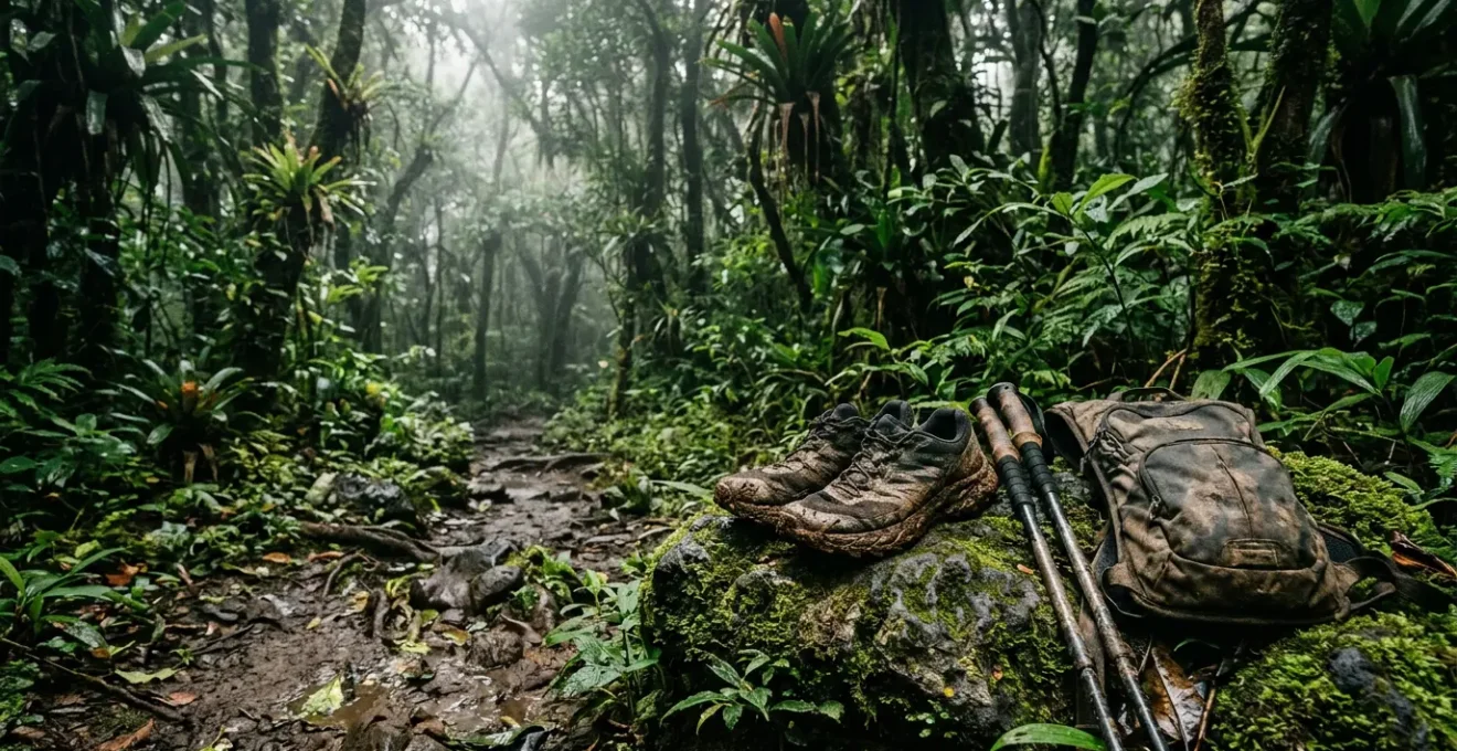 Équipement de randonnée technique pour terrain volcanique boueux en Guadeloupe avec chaussures à crampons profonds