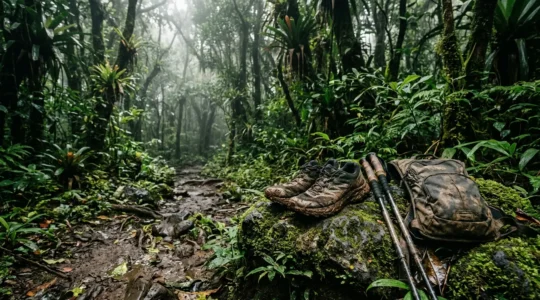 Équipement de randonnée technique pour terrain volcanique boueux en Guadeloupe avec chaussures à crampons profonds