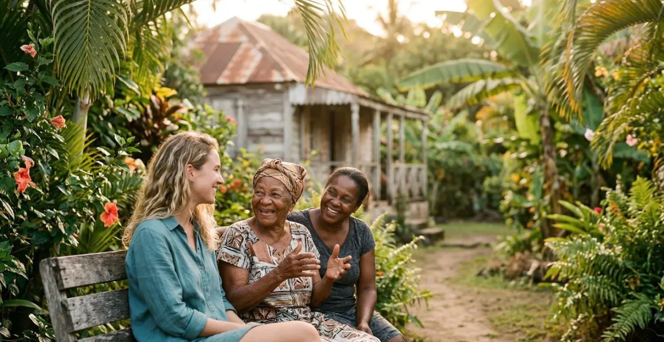 Rencontre authentique entre un voyageur et des locaux guadeloupéens dans un cadre naturel des Caraïbes