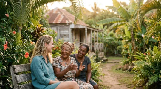 Rencontre authentique entre un voyageur et des locaux guadeloupéens dans un cadre naturel des Caraïbes